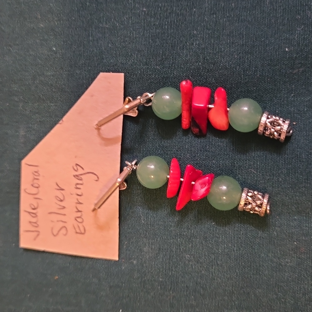 Vintage Jade Bead & Coral Chip Dangle Pierced Earrings